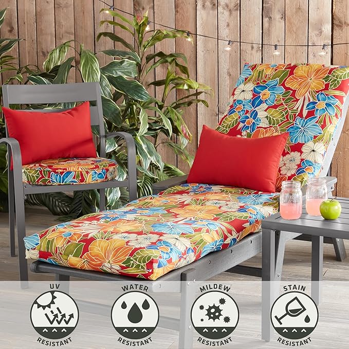 Outdoor Reversible Chaise Lounge Chair Cushion, Aloha Crimson