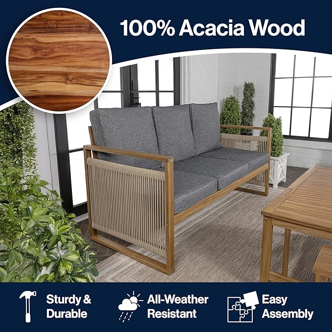 JONATHAN Y Gable Acacia Wood and Woven Rope 63" Outdoor Sofa, 3-Seater Patio Bench with Weather-Resistant Gray Cushions for Backyard and Porch, Bohemian Style, Teak Brown Finish SFB1002B