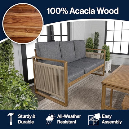JONATHAN Y Gable Acacia Wood and Woven Rope 63" Outdoor Sofa, 3-Seater Patio Bench with Weather-Resistant Gray Cushions for Backyard and Porch, Bohemian Style, Teak Brown Finish SFB1002B