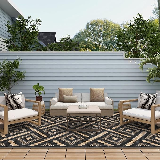 GENIMO Outdoor Rug, Waterproof Plastic Rugs for Patio, 6'x9' Mocha Brown | Outside Larger Modern Carpet Mat for Porch Decor, Deck, Balcony, Camping, RV, Backyard, Picnic, Beach, Reversible, Foldable