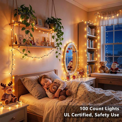 BrizLabs Gold Christmas Lights Outdoor 100 Count 19.7ft Incandescent Christmas Lights Connectable Warm Glow Light String UL Certified Xmas Mini Light Green Wire for Indoor Outdoor Tree Holiday Party