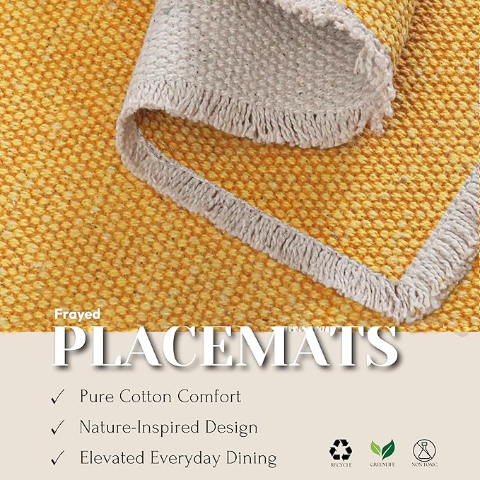Hausattire Cotton Frayed Placemats Set of 4 Dining Table 13x19 Inch | Rustic Vintage Boho Washable Easter Placemat for Outdoor Parties BBQ's Wedding,Special Occasions, Nubby Cotton - Yellow