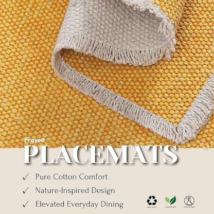 Hausattire Cotton Frayed Placemats Set of 4 Dining Table 13x19 Inch | Rustic Vintage Boho Washable Easter Placemat for Outdoor Parties BBQ's Wedding,Special Occasions, Nubby Cotton - Yellow