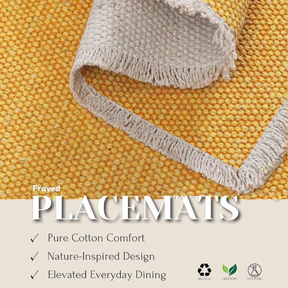Hausattire Cotton Frayed Placemats Set of 6 Dining Table 13x19 Inch | Rustic Vintage Boho Washable Easter Placemat for Outdoor Parties BBQ's Wedding, Holiday, Special Occasions, Nubby Cotton - Yellow