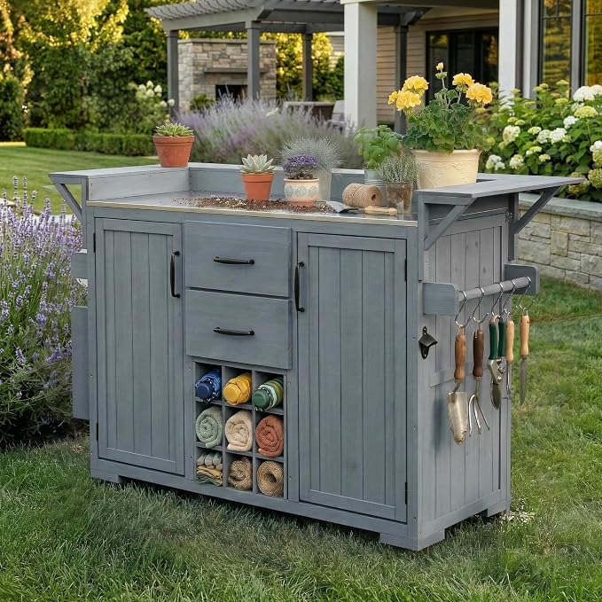 60.2''W Outdoor Kitchen Island with Wheels, Solid Fir Wood Kitchen Cart Grill Cart with Stainless Steel Top, Spice Rack, Wine Rack, 2 Bottom Cabinets with Adjustable Shelves, 2 Drawers (Gray-117)