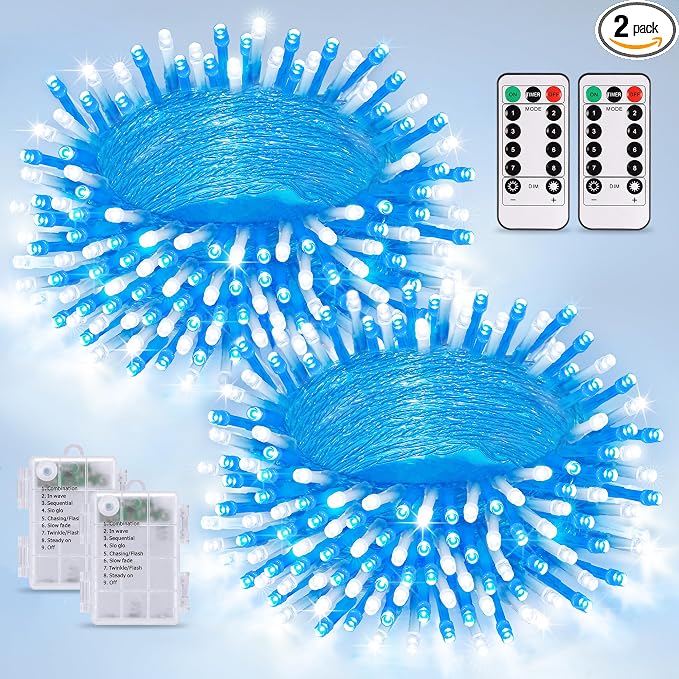 JMEXSUSS 2 Pack Blue and White Battery String Lights, Each 33ft 100 LED | Battery Powered Christmas Lights with Remote for Outside Party Birthday