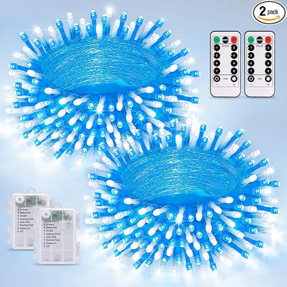 JMEXSUSS 2 Pack Blue and White Battery String Lights, Each 33ft 100 LED | Battery Powered Christmas Lights with Remote for Outside Party Birthday