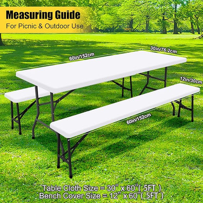 Smiry Picnic Table Cover with Bench Covers, Waterproof Elastic Fitted Polyester Tablecloths for 5 Ft Rectangle Tables, Washable Windproof Tablecloth for Camping, RV & Outdoor (White, 30x60 Inches)