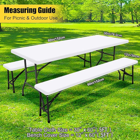 Smiry Picnic Table Cover with Bench Covers, Waterproof Elastic Fitted Polyester Tablecloths for 5 Ft Rectangle Tables, Washable Windproof Tablecloth for Camping, RV & Outdoor (White, 30x60 Inches)