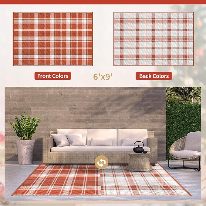 GENIMO Outdoor Rug, Waterproof Plastic Rugs for Patio, 6'x9' Orange Plaid | Outside Larger Modern Carpet Mat for Porch Decor, Deck, Balcony, Camping, RV, Backyard, Picnic, Beach, Reversible, Foldable