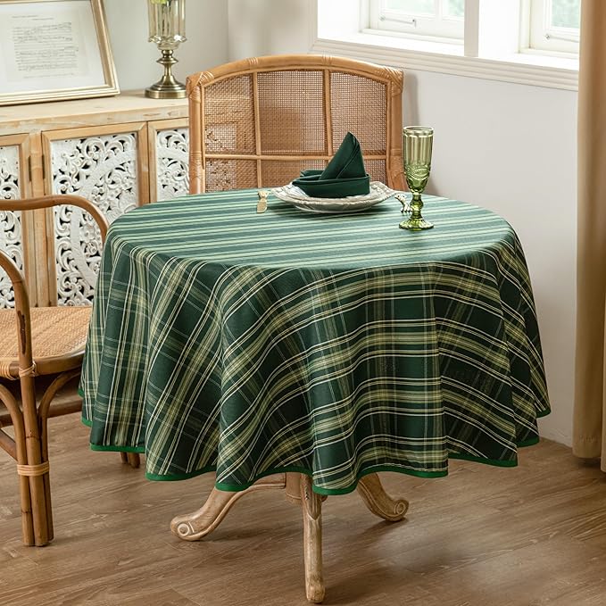Christmas Green Plaid Waterproof Tablecloth – Classic Woven Check Design – Holiday Dining Table Cover for Xmas Parties, Stain-Resistant & Durable, 60" Round