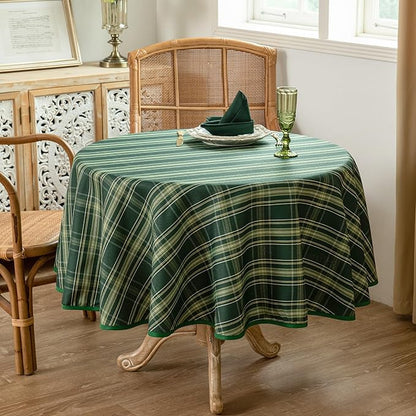 Christmas Green Plaid Waterproof Tablecloth – Classic Woven Check Design – Holiday Dining Table Cover for Xmas Parties, Stain-Resistant & Durable, 60" Round