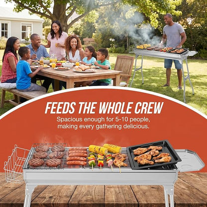 Portable Stainless Steel Charcoal Grill, Small BBQ Grill for Outdoor Cooking, Camping, Backyard and Picnic, Durable and Easy to Clean, Silver