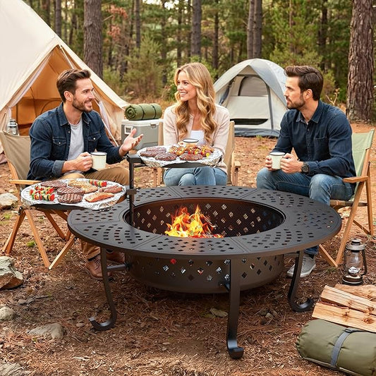 Outdoor Fire Pit, 48" Fire Pit for Outside Wood Burning with Adjustable 2 Grills, Firepit with Lid and Fire Poker, BBQ, Bonfire, Round Outdoor Fireplace 3 in 1 for Patio, Backyard, Garden, Camping