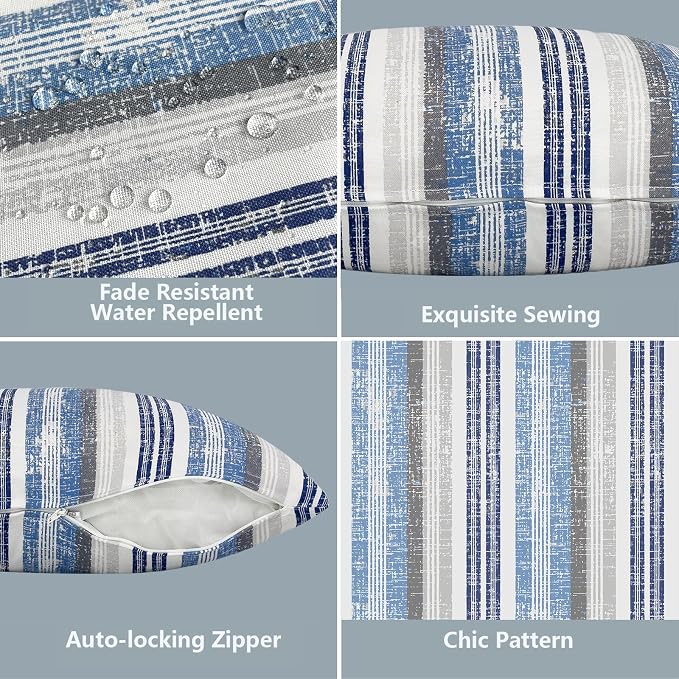 LVTXIII 2 Pack Outdoor Pillow Covers ONLY 18x18 Inch, Water-Repellent Square Decorative Cushion Covers for Patio Furniture, Garden, Sofa, Stripe Layered Blue