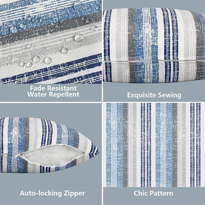 LVTXIII 2 Pack Outdoor Pillow Covers ONLY 18x18 Inch, Water-Repellent Square Decorative Cushion Covers for Patio Furniture, Garden, Sofa, Stripe Layered Blue