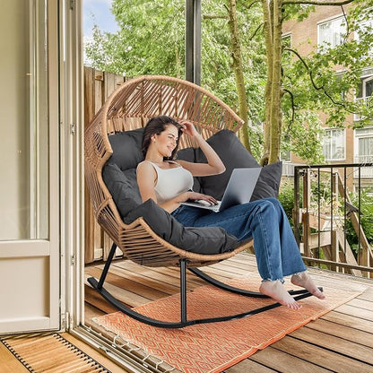 Shintenchi Wicker Egg Chair, Outdoor Indoor Rocking Chair, Large PE Rattan Rocking Chair with Cushion for Patio, Balcony, Backyard, Garden, Deep Grey