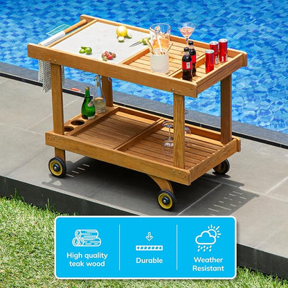 Cambridge Casual Mozaic Teak Outdoor Kitchen Cart, Solid Teak Wood Serving and Prep Station with Natural Finish, Weather-Resistant Utility Cart for Patio, Garden, BBQ, or Outdoor Entertaining Space