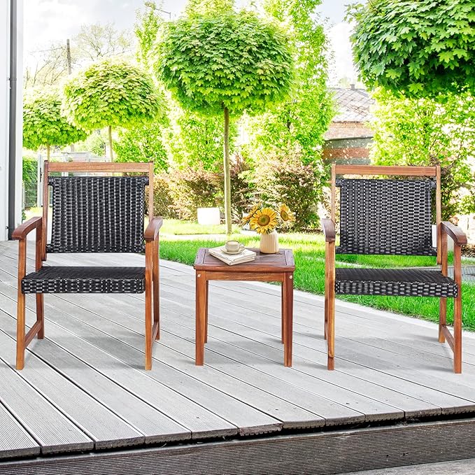 Tangkula 3-Piece Patio Acacia Wood Bistro Set, Patiojoy Outdoor Furniture Set with 2 Chairs & Side Table, Weather Resistant Rattan Garden Conversation Chair Set for Pool Side, Deck, Balcony