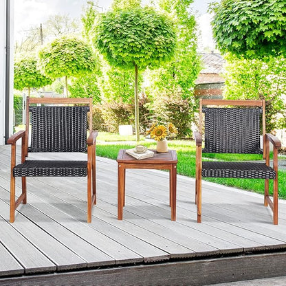 Tangkula 3-Piece Patio Acacia Wood Bistro Set, Patiojoy Outdoor Furniture Set with 2 Chairs & Side Table, Weather Resistant Rattan Garden Conversation Chair Set for Pool Side, Deck, Balcony