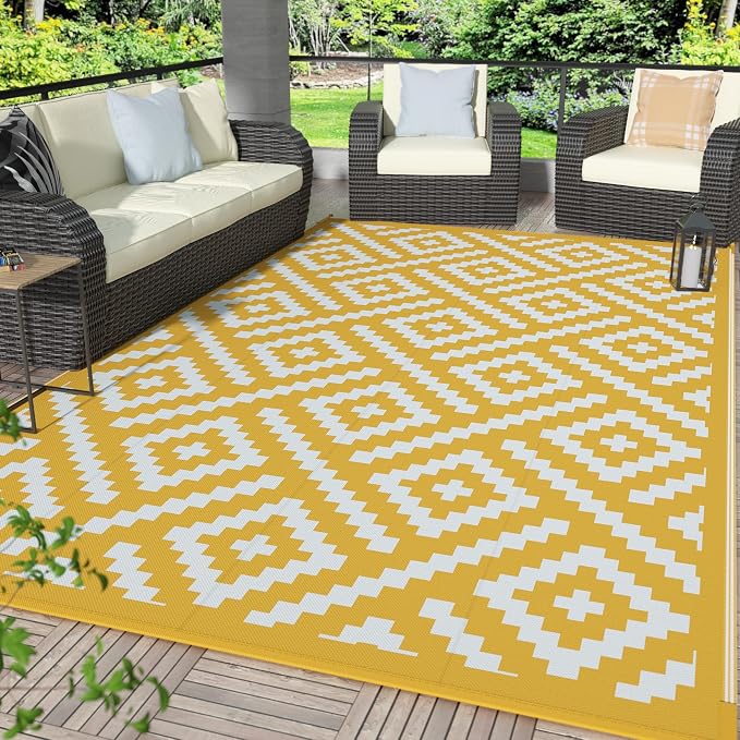 GENIMO Outdoor Rug, Waterproof Plastic Rugs for Patio, 6'x9' Yellow White | Outside Larger Modern Carpet Mat for Porch Decor, Deck, Balcony, Camping, RV, Backyard, Picnic, Beach, Reversible, Foldable