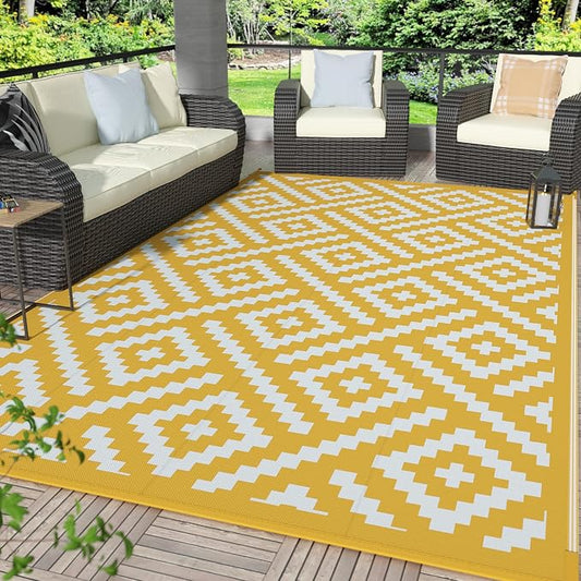 GENIMO Outdoor Rug, Waterproof Plastic Rugs for Patio, 6'x9' Yellow White | Outside Larger Modern Carpet Mat for Porch Decor, Deck, Balcony, Camping, RV, Backyard, Picnic, Beach, Reversible, Foldable