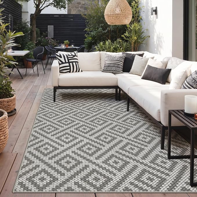 GENIMO Outdoor Rug, Waterproof Plastic Rugs for Patio, 5'x8' Cloud Grey | Outside Larger Modern Carpet Mat for Porch Decor, Deck, Balcony, Camping, RV, Backyard, Picnic, Beach, Reversible, Foldable