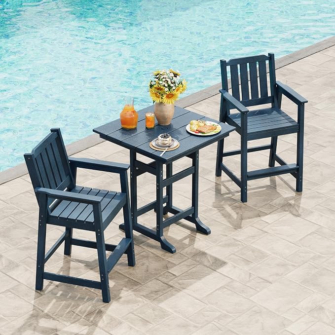 Garvee 3-Piece Outdoor Adirondack Bar Set, Patio Bar Table with 2 Bar Chairs, HDPE All-Weather Patio Bar Furniture Set with Umbrella Hole, for Balcony, Backyard, Poolside, Bistro
