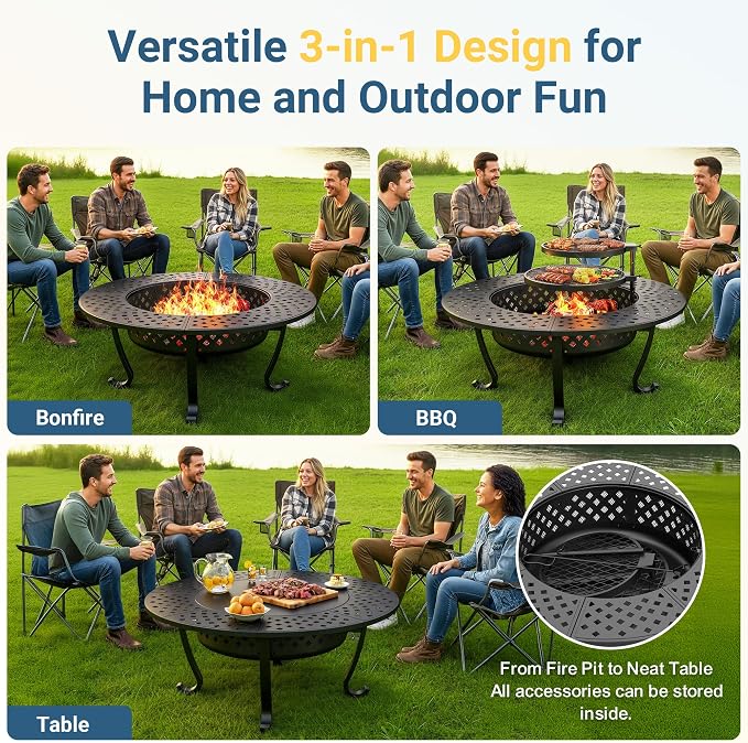 3 in 1 43" Large Fire Pit for Outside Wood Burning with 2 Adjustable Grills | Outdoor Fireplace with Lid and Fire Poker, Firepit with BBQ & Bonfire & Round Metal Table for Patio, Backyard, Deck, Yard