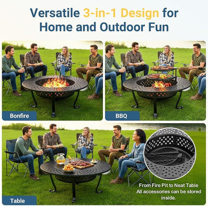 3 in 1 43" Large Fire Pit for Outside Wood Burning with 2 Adjustable Grills | Outdoor Fireplace with Lid and Fire Poker, Firepit with BBQ & Bonfire & Round Metal Table for Patio, Backyard, Deck, Yard