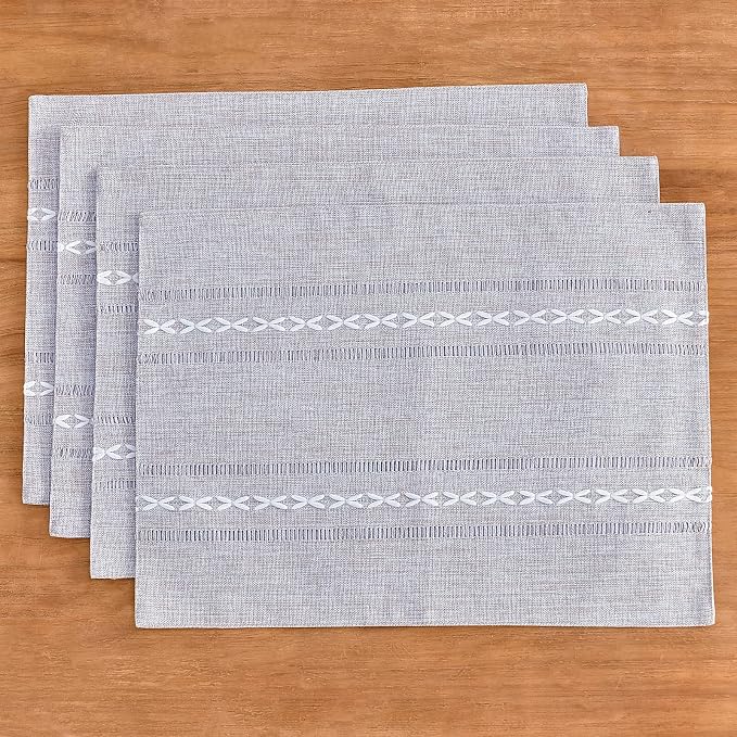 Wracra Cotton Linen Place Mats, Grey Embroidered Placemats Set of 4 | Placemats 12 x 18 Inch; Cotton Linen Woven Fabric; Heat Resistant Table Mats; Raised Embroidered Hollow Design