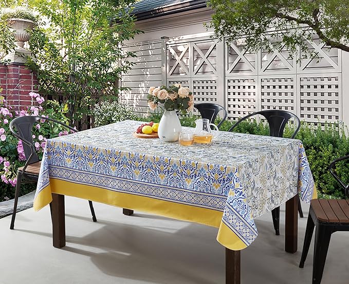 Home Bargains Plus Rectangle Vinyl Tablecloth with Flannel Backing, 60 x 84 Inch, Alluring French Country, Yellow and Blue Floral Vinyl Table Cover, Heavy Weight for Dining Party and Barbecues