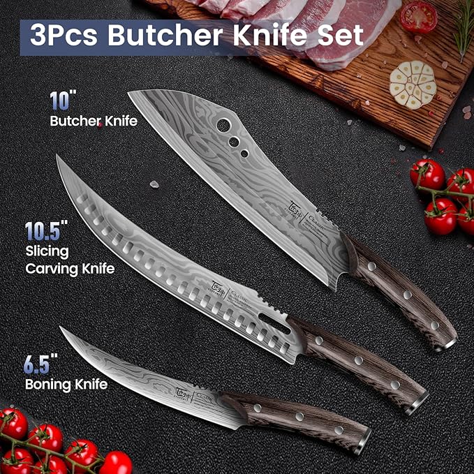 SYOKAMI Butcher Knife Set, 3 PCS Kitchen Knives Set for Cutting, Meat Cleaver Chef Knife Set, Japanese Style High Carbon Steel Knives Set, Chopping & Slicing & Boning for Home and BBQ, Ideal for Gift