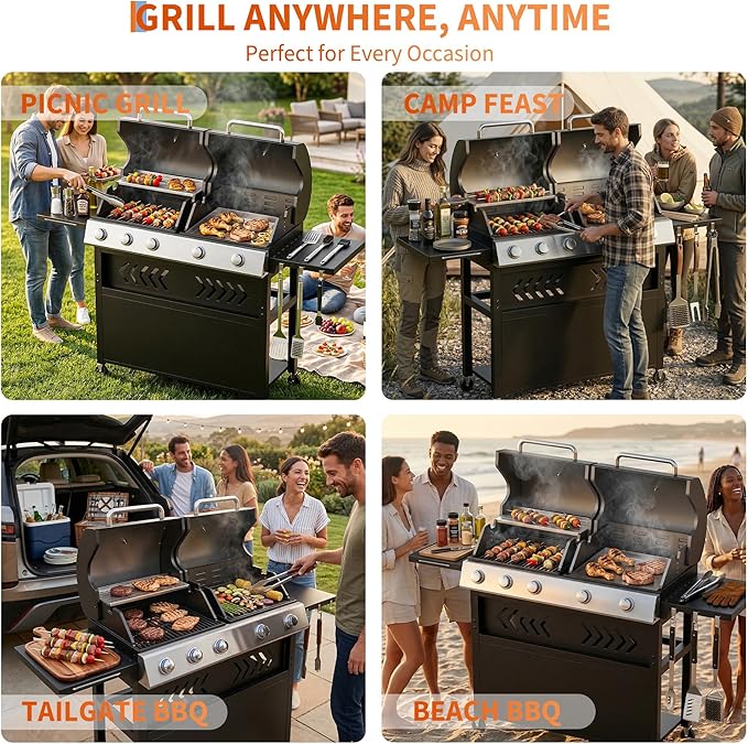 Garvee 5 Burner Propane Gas Grill Griddle Combo with Porcelain Enamel Cast Iron Grate & Cast Iron Pan – Dual BBQ Grill with Flat Top Griddle, 40,000 BTU Large Outdoor Gas Grill for Backyard Kitchen