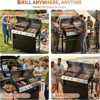 Garvee 5 Burner Propane Gas Grill Griddle Combo with Porcelain Enamel Cast Iron Grate & Cast Iron Pan – Dual BBQ Grill with Flat Top Griddle, 40,000 BTU Large Outdoor Gas Grill for Backyard Kitchen