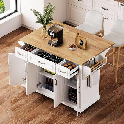 Ball & Cast Modern Large Kitchen Island with Rubber Wood Drop Leaf, Embossed Texture Rolling Cart on 4 Wheels W/4 Doors & 3 Drawers, Mobile Storage Kitchen Islands W/Storage for Dining Room,White,54"