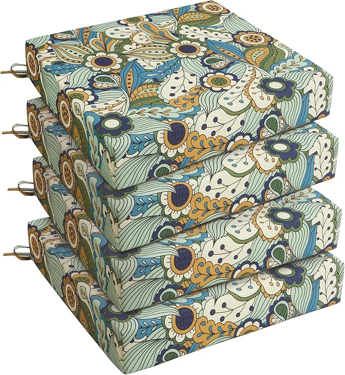 Outdoor Chair Cushions, Set of 4, 24"*24"*4", Water Resistant, Sun Flower | High-Density Foam Patio Cushions with Ties, UV & Fade Resistant, Square Corner Seat Cushions for Outdoor Furniture