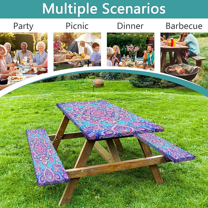 Picnic Table Cover with Bench Covers Boho Mandala Camping Essentials Waterproof Windproof Elastic Fitted Tablecloths for 6 Foot Rectangle Table, Tablecloth for Outdoor Backyard Patio BBQ Garden