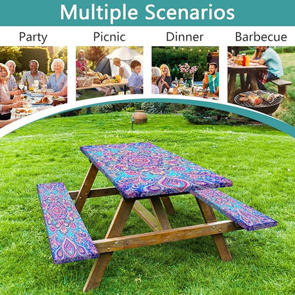 Picnic Table Cover with Bench Covers Boho Mandala Camping Essentials Waterproof Windproof Elastic Fitted Tablecloths for 6 Foot Rectangle Table, Tablecloth for Outdoor Backyard Patio BBQ Garden