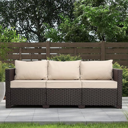 Valita Patio Furniture 3-seat Sofa Brown Wicker Outdoor Furniture Outdoor Couch Deep Seat High Backrest Waterproof Cover Anti-Slip Washable Cushions, Khaki