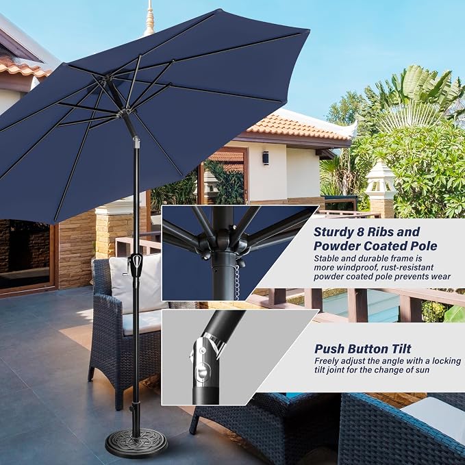 YSSOA 9' Patio Umbrella Outdoor Table Market Yard Umbrella with 8 Sturdy Ribs, Dark Blue