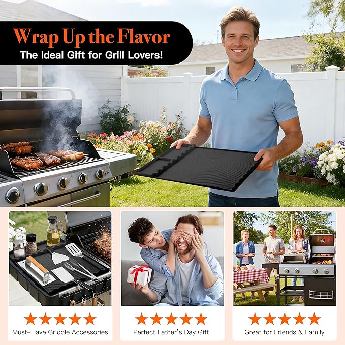 Silicone Grill Mat for Blackstone - BBQ Griddle Tools Side Mat with Drip Pad, Griddle Tools Mat for Outdoor Kitchen Countertop, BBQ Grill Accessories Gifts for Men (Black)