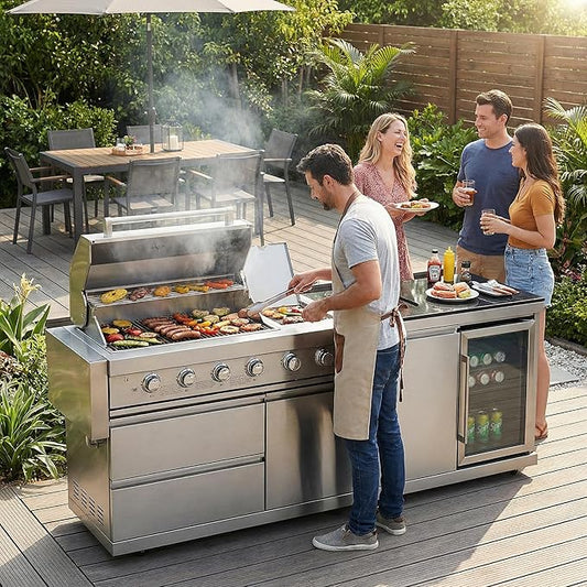 84" Deluxe Outdoor Kitchen Bar and BBQ Island Grill with 6 Burner, 75300 BTU Stainless Steel Grill, Integrated Sink, Wine Cooler, Refrigerator, Granite Countertops, and Rotisserie Kit