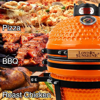 London Sunshine Ceramic Charcoal BBQ Kamado Grill Smoker - Portable Tabletop Cadet Series -Orange