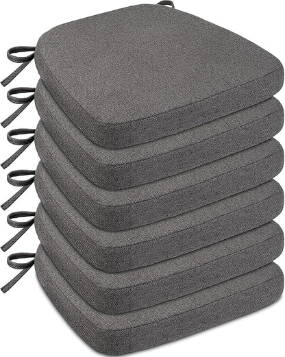Sunsleek Chair Cushions for Dining Chairs, D-Shaped Seat Cushions with Removable Washable Cover and Ties, Chair Pads for Kitchen, Indoor Dining Room, Patio Chairs, 17'' x 16'', Set of 6, Dark Grey