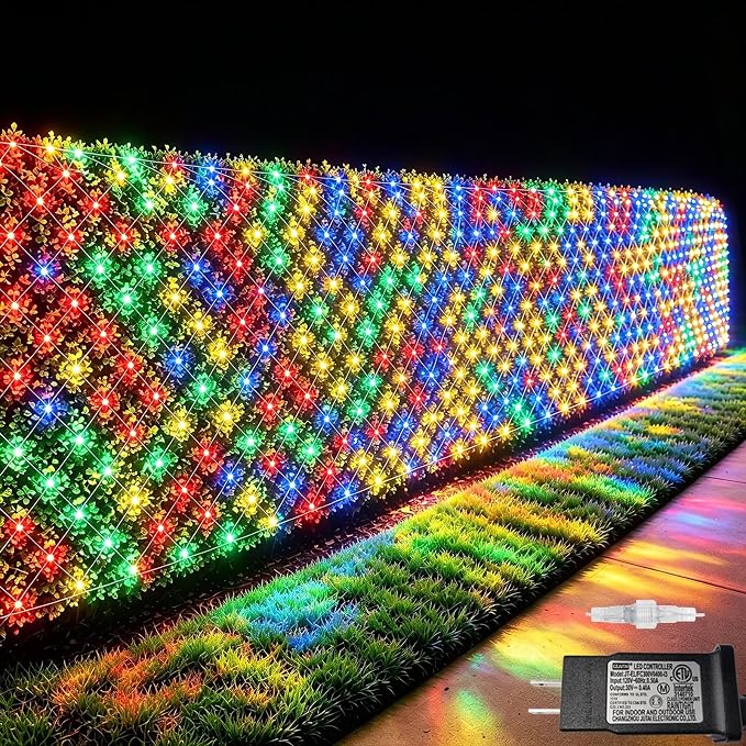 Pooqla Colorful Net Lights, 34.5X 5ft Christmas Lights Outdoor Clear Wire | 610 LED Large Net Mesh Lights Plug in, 8 Modes Waterproof Connectable Multicolor Bushes Lights for Christmas Hedge Yard Decor