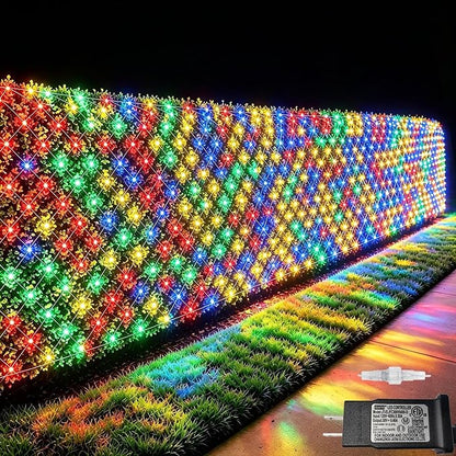 Pooqla Colorful Net Lights, 34.5X 5ft Christmas Lights Outdoor Clear Wire | 610 LED Large Net Mesh Lights Plug in, 8 Modes Waterproof Connectable Multicolor Bushes Lights for Christmas Hedge Yard Decor
