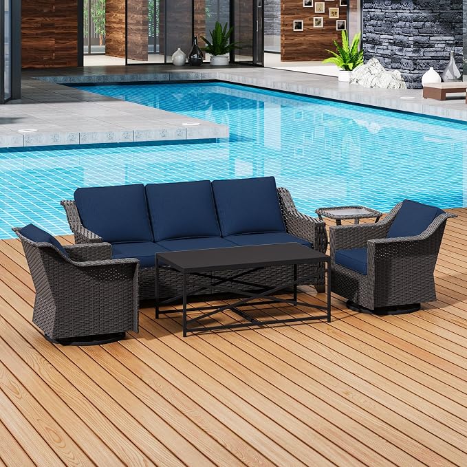 5 Pieces Outdoor Conversation Furniture Set - 77" Patio Sofa, 2 Swivel Rocker Chairs, 1 Side Table, 1 Metal Table, Patio Wicker Couch Set with Washable Cushions for Porch (Navy Blue)