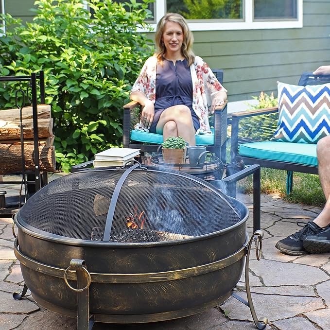 Sunnydaze 34-Inch Steel Large Fire Pit for Outside - Wood-Burning Fire Pit Bowl for Outdoors with Spark Screen, Log Poker, and Grate