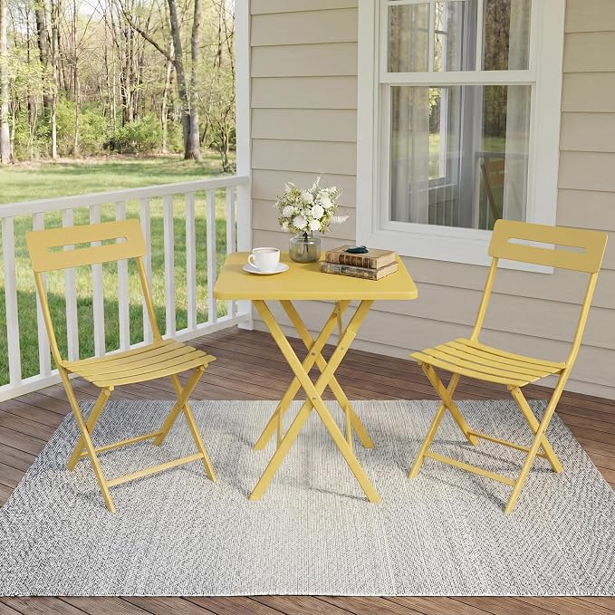 Garvee 3-Piece Bistro Set, Outdoor/Indoor Folding Patio Furniture Set,Space Saving Folding Design, Outdoor Table and Chairs Set for Patio, Garden, Balcony and Poolside, Yellow